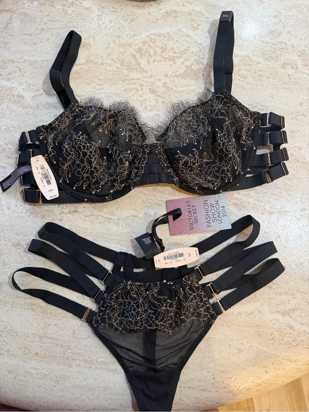 Victoria's Secret Black Lace Strappy Underwire Bra & Thong Set